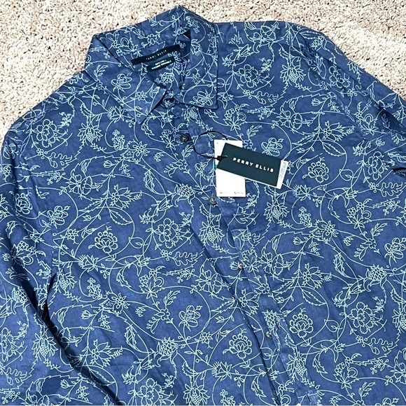 NWT Perry Ellis Men's Sz L Untucked Floral Linen Shirt Long Sleeve Button Down